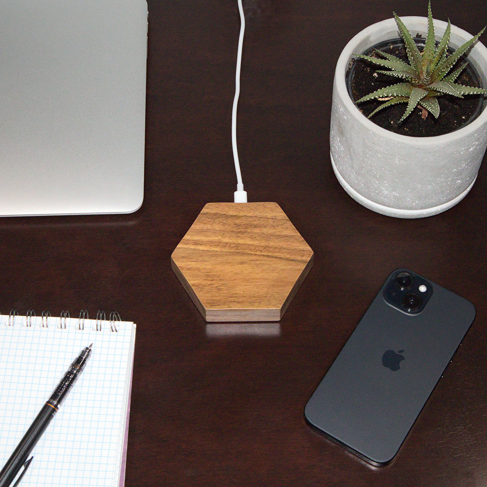 Wooden Wireless Charger on modern desk setup